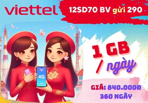 Đăng ký gói cước 12SD70 Viettel nhận 360GB data dùng 1 năm chỉ 840k
